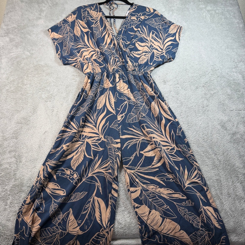 Laine Honolulu Jumpsuit Womens Small Blue Tan Tropical Palm Leaf Wide Leg V-Neck